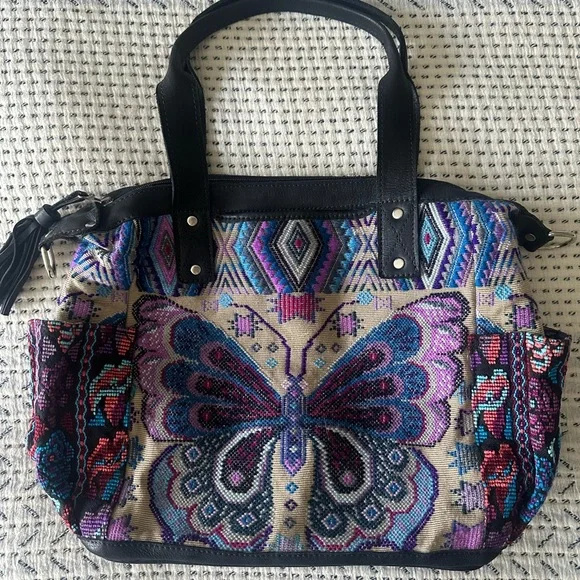 Maria's Artisan Shop Aurora Bag tan/purple/blue butterfly huipil CDB - Picture 1 of 7
